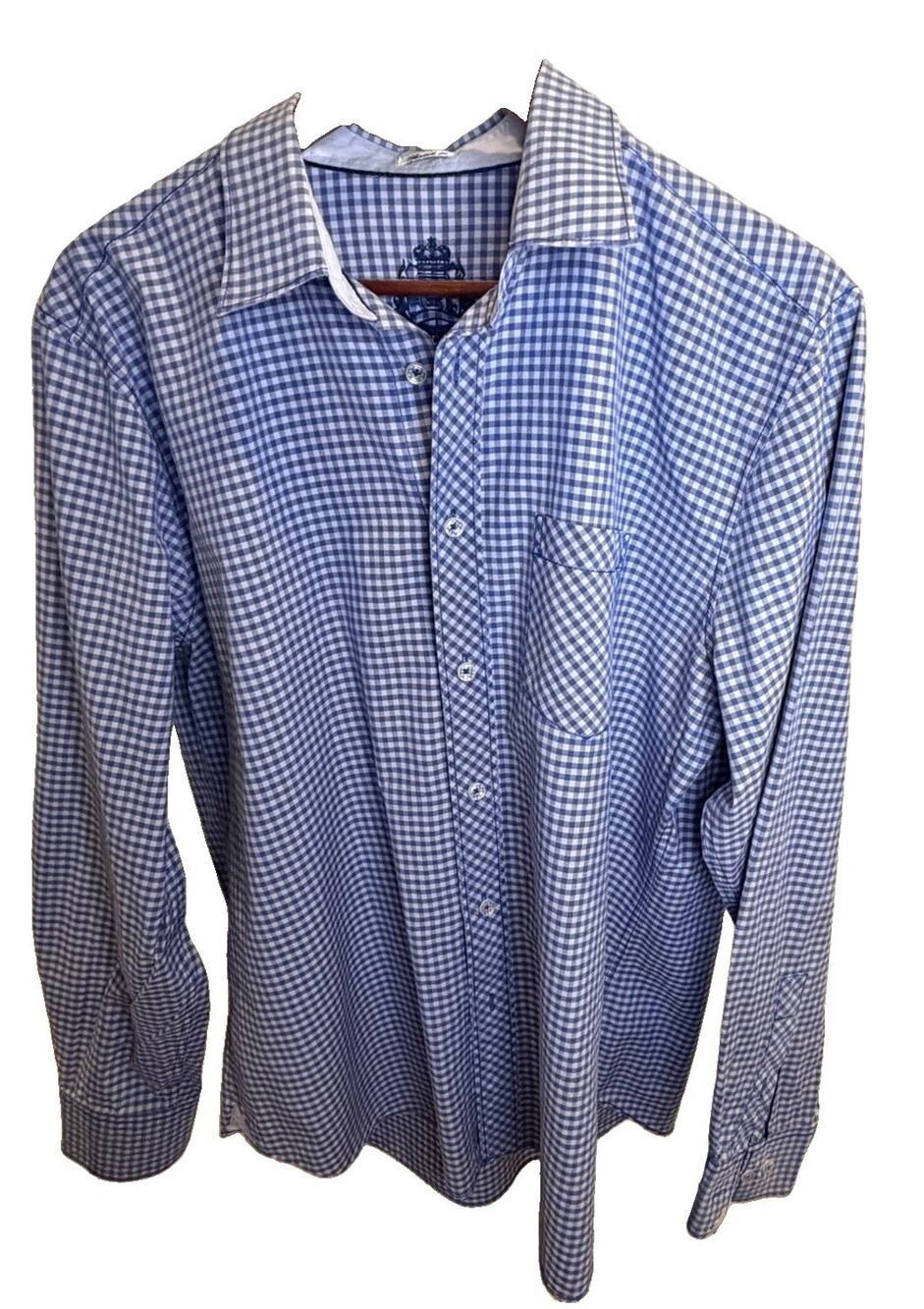 Bugatchi Uomo Men’s Large Shaped Fit Blue White Gingham Check Button Down Shirt